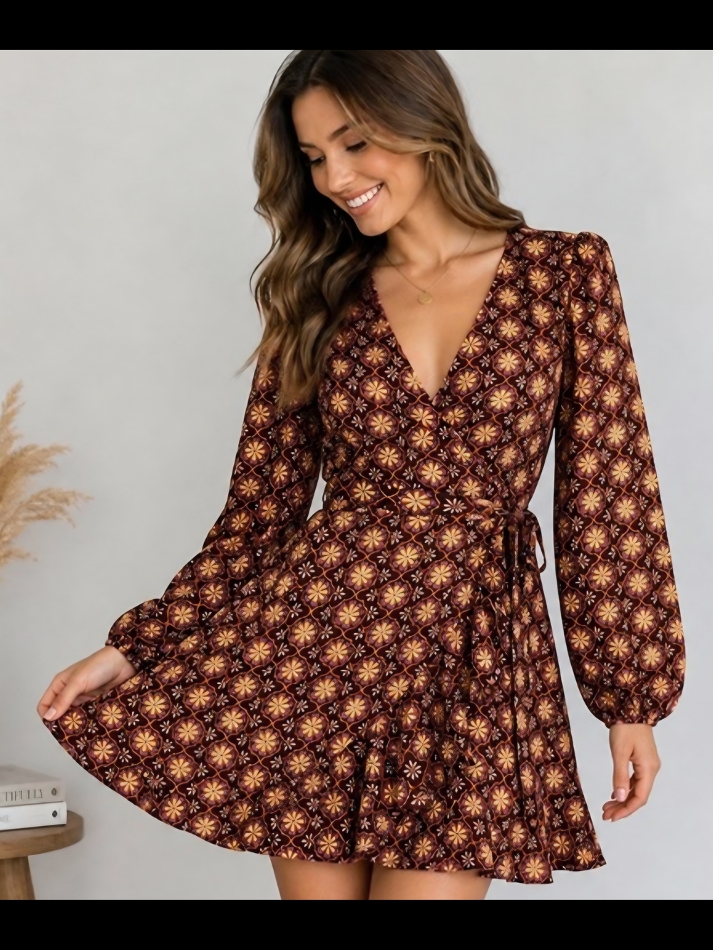 Draper James Burgundy and Mustard Floral Wrap Long-Sleeve Dress